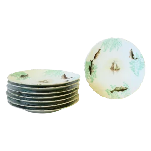 French Limoges Rustic Dinner Plates Fish and Boat Design, Circa Early 20th C