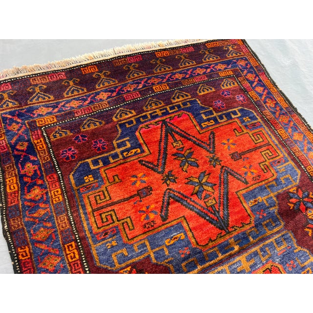2'10 X 3'10 Ft Vintage Afghan Hand-Knotted Tribal Rug Red Blue Geometric Pattern Rug For Sale - Image 4 of 12