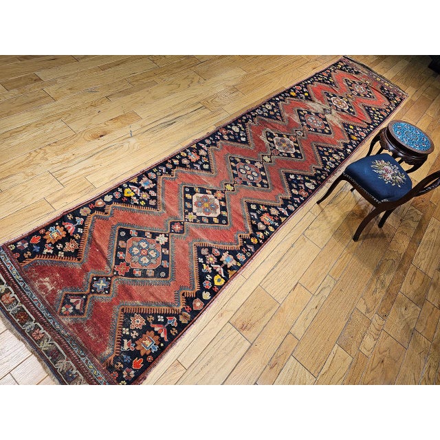 19th Century Antique Caucasian Karabagh Runner, Hand-Knotted Wool, Red & Navy, 4' x 17' For Sale - Image 5 of 13
