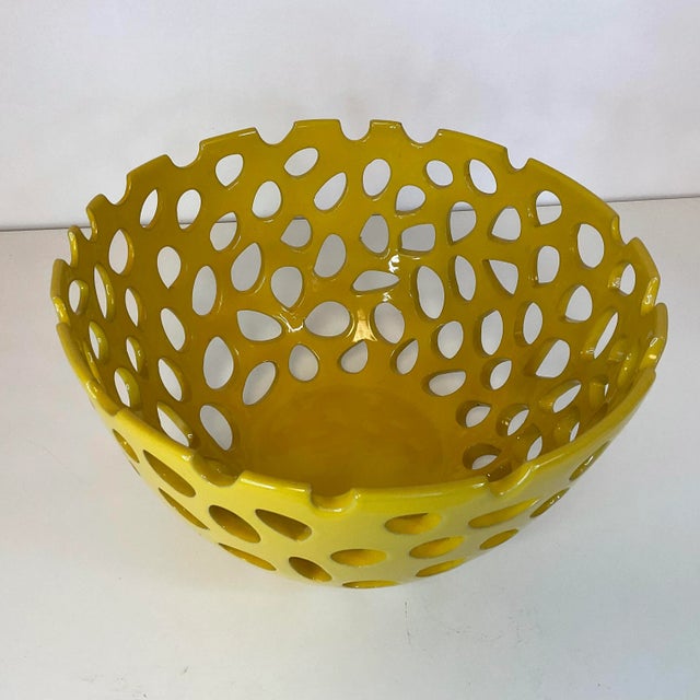 1990s Contemporary Free Form Cutout Ceramic Decorative Bowl in Mustard Yellow For Sale - Image 6 of 13