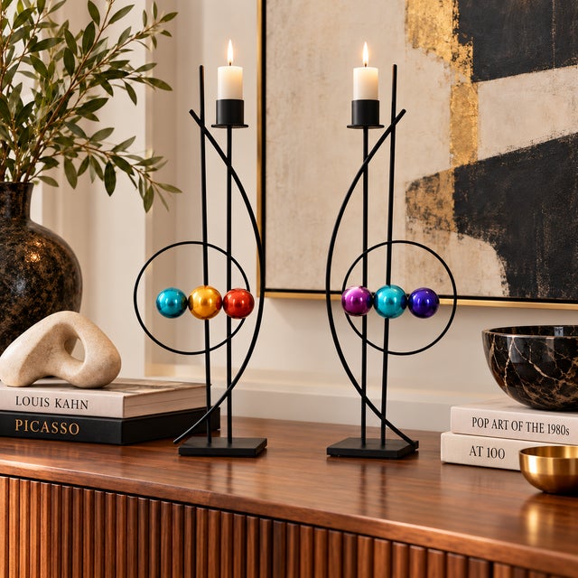 Martin Rick Martin Signed Abstract Modernist Memphis Pop Art Steel Candlesticks Pair For Sale - Image 4 of 14