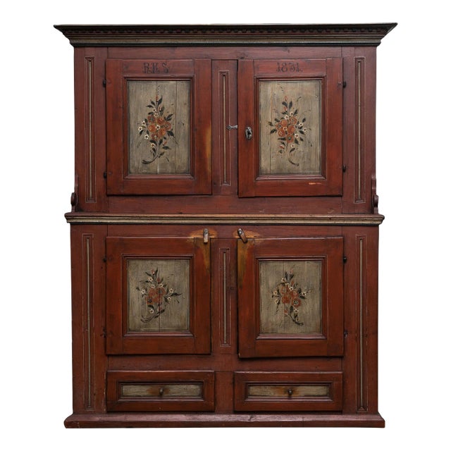 Dated 1831 Scandinavian Painted Step-Back Pine Cupboard with Initials R.K.S. For Sale
