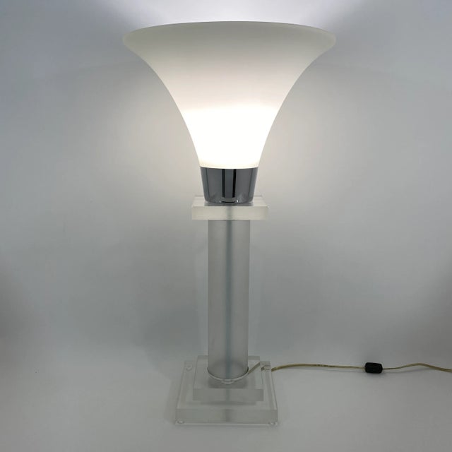 1980s Lucite and Chrome Lamp With Tulip Opaline Glass Shade For Sale - Image 9 of 13