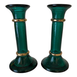 Mid Century Handblown Green Candlesticks- Set of 2 For Sale