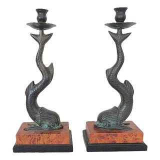 Pair of Bronze Dolphin Candlesticks Candle Holders 15 1/2" Coastal For Sale