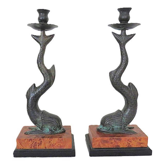 Pair of Bronze Dolphin Candlesticks Candle Holders 15 1/2" Coastal For Sale