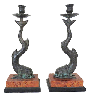 Pair of Bronze Dolphin Candlesticks Candle Holders 15 1/2" Coastal