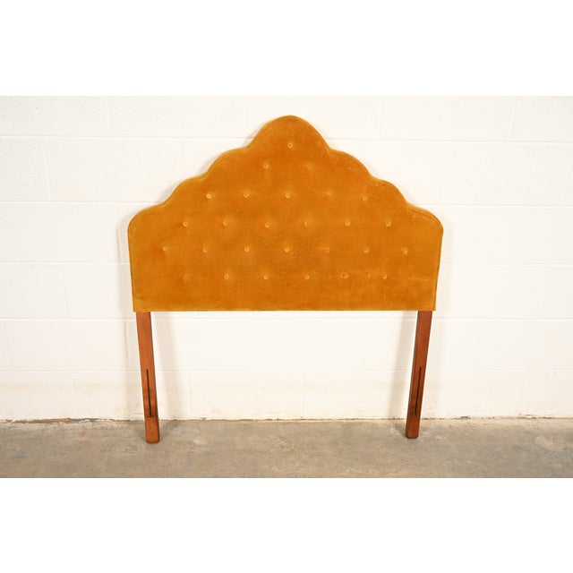 A gorgeous mid-century modern Hollywood Regency mustard yellow velvet tufted twin size headboard with a scalloped crown In...