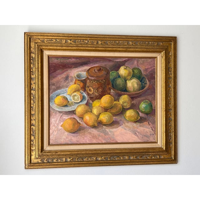 Wood Vintage Oil Painting Still Life With Apples & Lemons, 1984 For Sale - Image 7 of 13