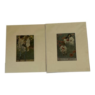 Pair of Original Antique Lithographs by J. W. Smith Circa Early 1900s. Featuring Children and Mother in the Garden. For Sale