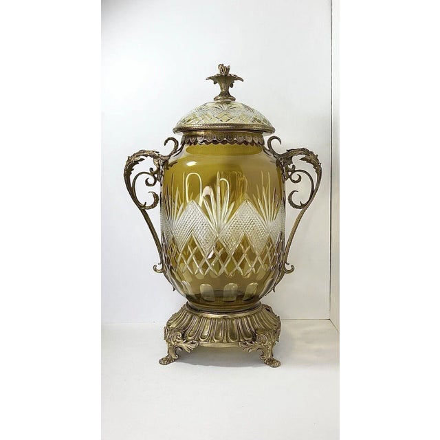 1960s Massive French Cut-To-Clear Amber Yellow Crystal Urn, Ornate Brass For Sale - Image 13 of 13