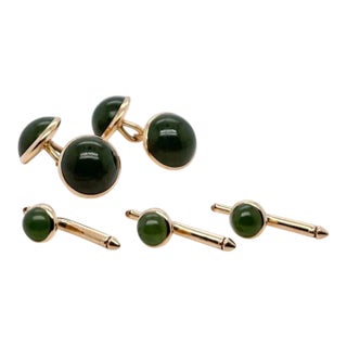 Antique Signed 14 Karat Gold and Nephrite Jade Cufflinks & Buttons Dress Set - 5 Pieces For Sale