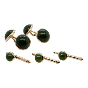 Antique Signed 14 Karat Gold and Nephrite Jade Cufflinks & Buttons Dress Set - 5 Pieces