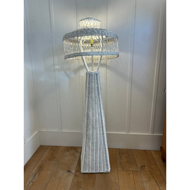 Wood Vintage White Wicker Floor Lamp With Tiered Dome Shade For Sale - Image 7 of 14