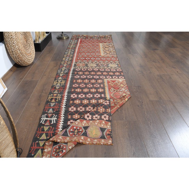 1970s Vintage Handmade Wool Cotton Red Runner Rug For Sale In San Francisco - Image 6 of 11