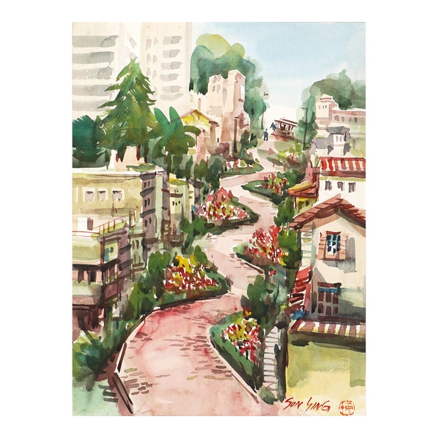 Vintage San Francisco Watercolor Landscape -- Lombard Street in Springtime by Sun Ying For Sale