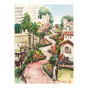 Vintage San Francisco Watercolor Landscape -- Lombard Street in Springtime by Sun Ying