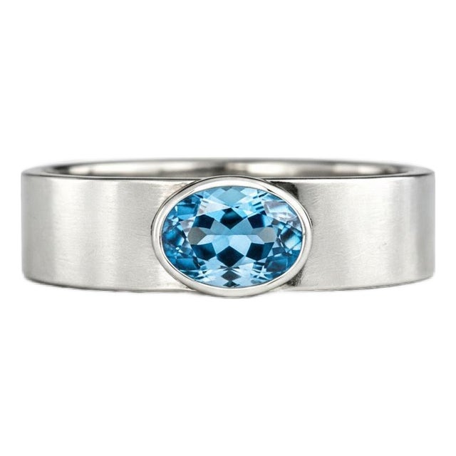 Bezel Set Oval Topaz Wide Matte Band Silver, Gold, Size 10 For Sale