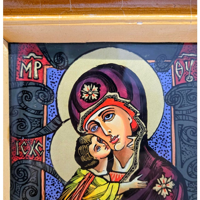 Wood Ukrainian Reverse Glass Icon “Virgin of Tenderness” by Natalia Khatsko, 2002 For Sale - Image 7 of 11