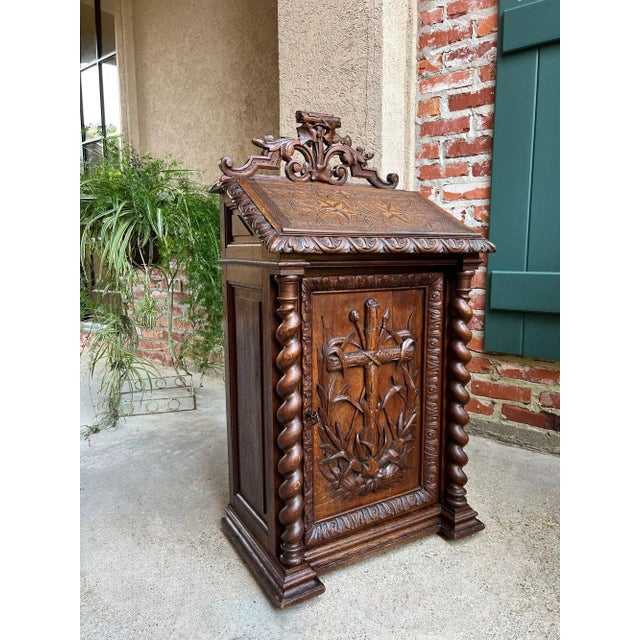 Antique French Altar Lecturn Gothic Bible Box Podium Sacristy Cabinet Carved Oak For Sale - Image 4 of 18