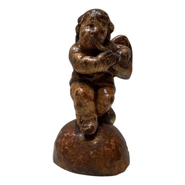 Spanish Gilded and Polychrome Wooden Cherub, 1930s For Sale