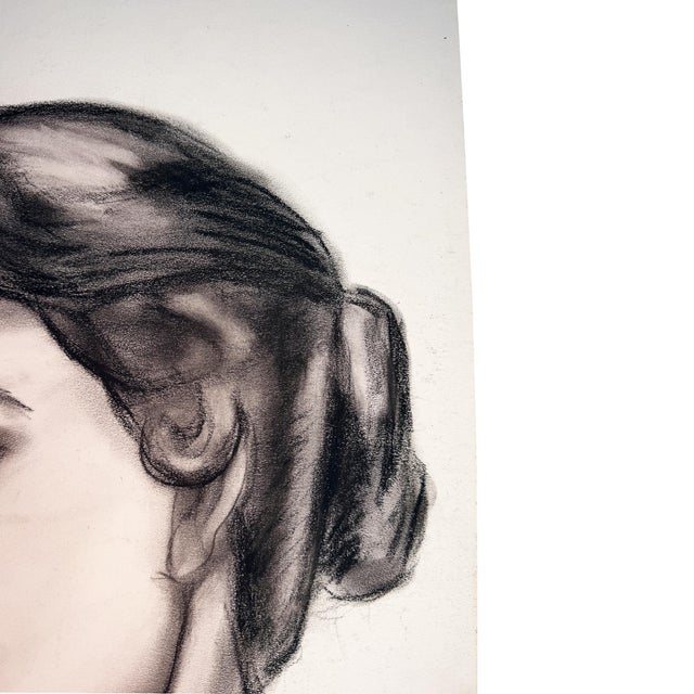 Black and White Charcoal Portrait Drawing of a Woman With Swept-Up Hair - Signed For Sale - Image 9 of 10