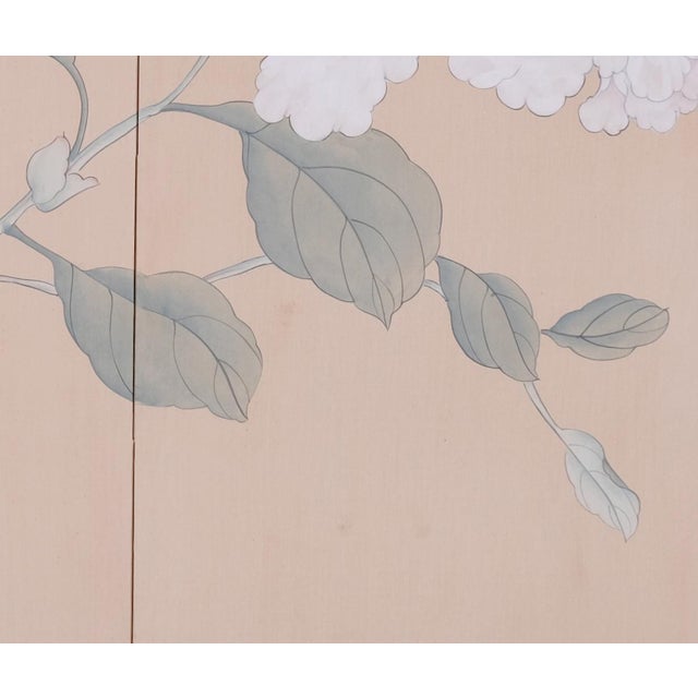 Modern Mid to Late 20th Century Hong Kong Made Byobu "Soft White Branch With Flowers" 4-Panel Folding Screen in Very Good + Overall Condition For Sale - Image 3 of 8