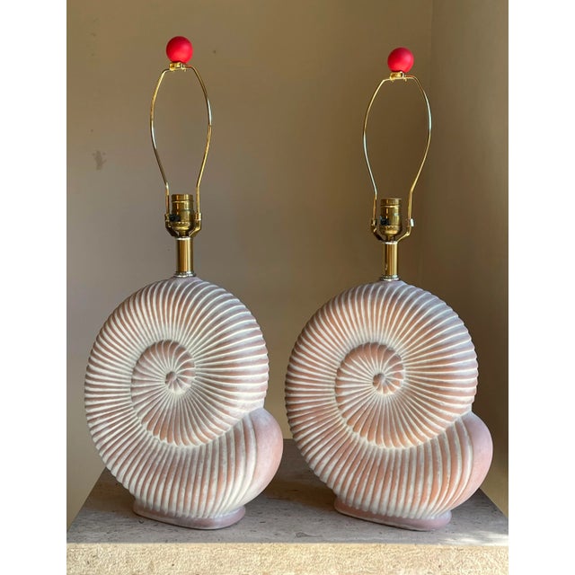 Jean Charles Pair of 1970s Mid Century Nautilus Shell Pottery Lamps Made in France in the Style of Jean Charles Moreux For Sale - Image 4 of 12