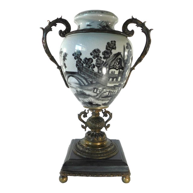 Mid Century Black & White Porcelain Bronze & Marble Pedestal Urn Vase For Sale