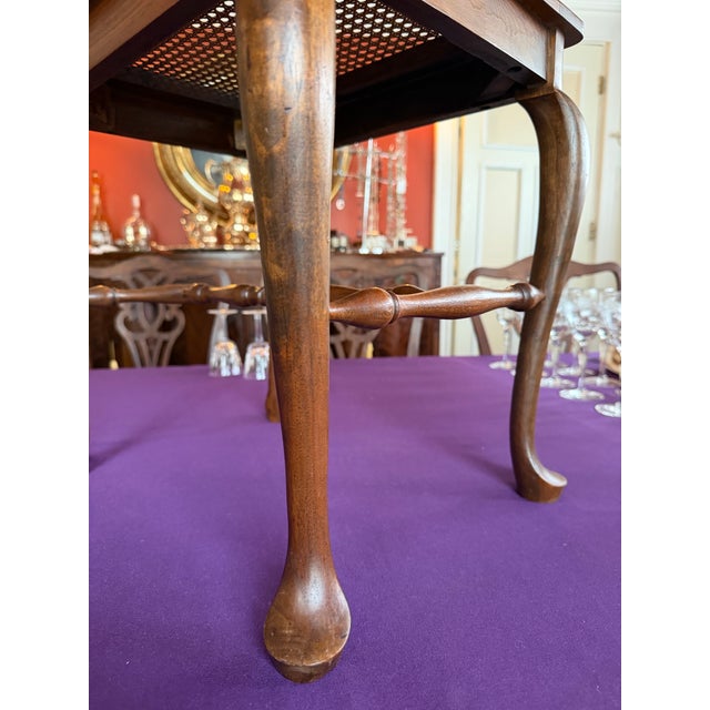 Brown Vintage Walnut Cane Seat Cabriole Leg Spindle Stretcher Piano Bench With Cushion For Sale - Image 8 of 12