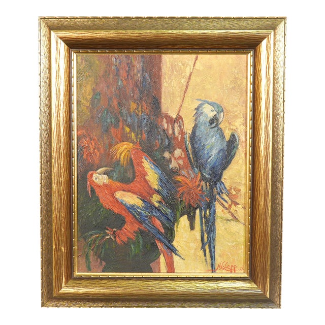 1937 Harry Leonard Lopp Framed Oil on Board Painting Parrots Signed & Dated For Sale