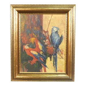 1937 Harry Leonard Lopp Framed Oil on Board Painting Parrots Signed & Dated