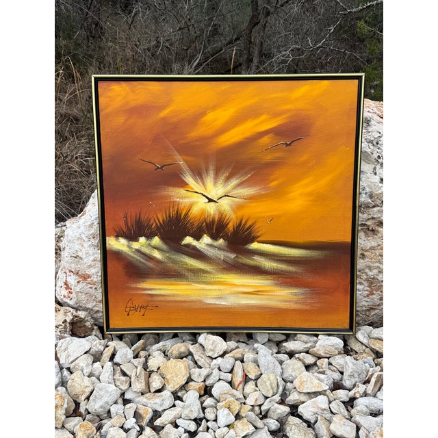 Mid-Century Modern Framed Mid Century Modern Coastal Sunset Seagulls Oil Painting on Canvas Artist Signed For Sale - Image 3 of 6