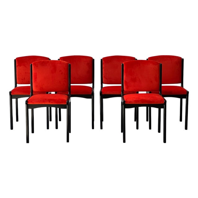 Wooden and Velvet Dining Chairs, 1980s, Set of 6 For Sale