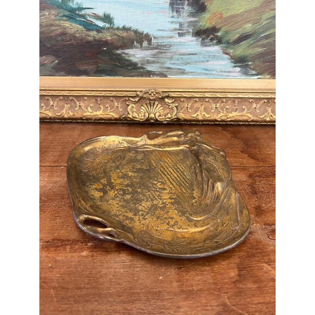 1970s Art Nouveau Shallow Possibly Brass Dish, Woman With Harp For Sale In Seattle - Image 6 of 8