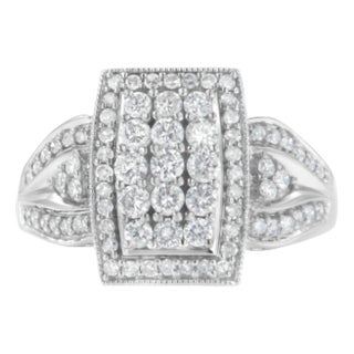 10K White Gold 1.0 Cttw Diamond Rectangular Cushion Shaped Cluster Halo Flared Band Cocktail Fashion EVS1010 For Sale