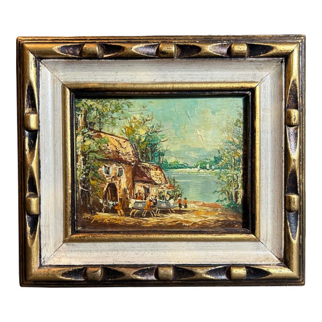Vintage 1970’s Small French Landscape Oil Painting in Ornate Frame For Sale