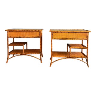 Tortoise Rattan With Glass Top Side Table/ Night Tables - a Pair For Sale