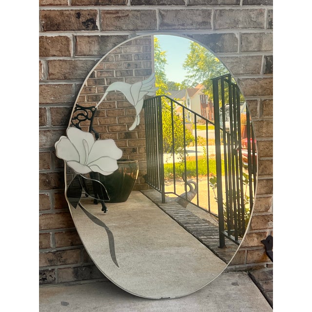 Glass Vintage 1990 David Marshall Designer Wall Mirror Hummingbird Floral 29.5× 39.5 For Sale - Image 7 of 8