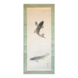 "Leaping Carp", Early Showa Era Japanese Silk Scroll Painting For Sale