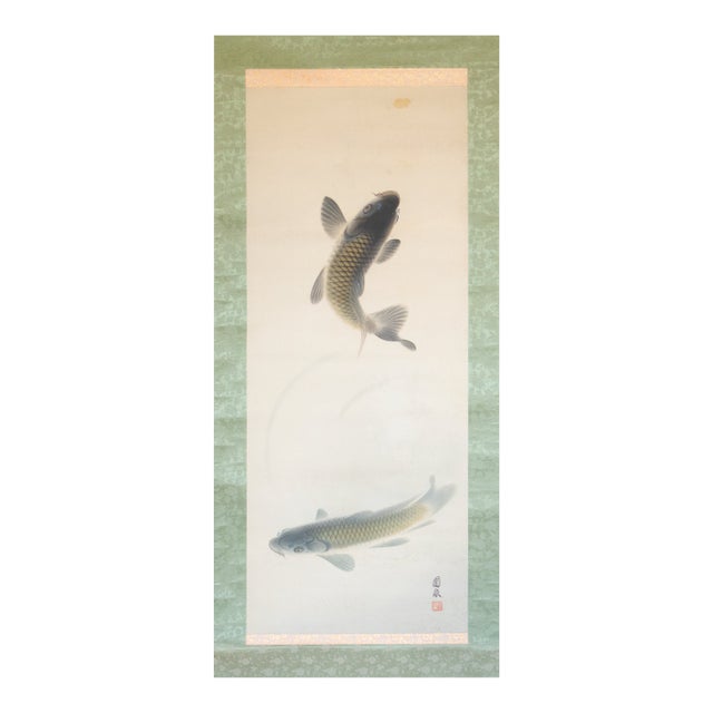 "Leaping Carp", Early Showa Era Japanese Silk Scroll Painting For Sale