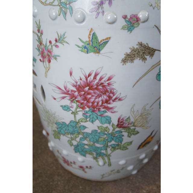 White Mid 20th Century Chinese Famille Rose Floral & Fauna Polychrome Garden Stool Seat 18" For Sale - Image 8 of 13