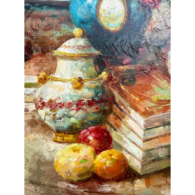 English Late 20th C. Large Original Impressionist Interior Still-Life Oil Painting Signed Robbins For Sale - Image 3 of 12