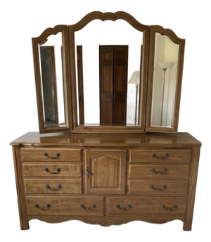 Vintage Ethan Allen Solid Wood Triple Dresser With Trifold Mirror