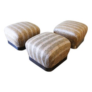 1980s Attributed to Karl Springer Rolling Chrome Souffle Pouf Ottomans in Leopard - Set of 3 For Sale