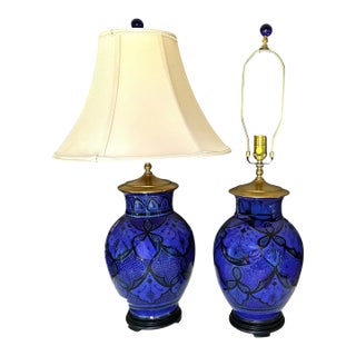 Vintage Moorish Safi Hand-Painted Cobalt Ceramic Table Lamps - Pair For Sale
