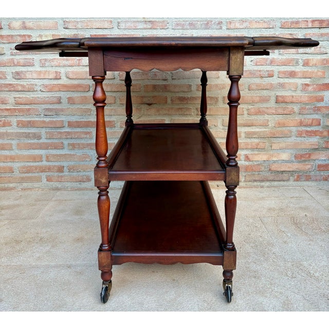 Wood 1960s Spanish Wooden Bar Cart With Folding Leaves and Three Tiers For Sale - Image 7 of 9