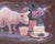 Afternoon Delight by Sybiline | Oil on canvas Still life with a cat, cake, and flowers For Sale