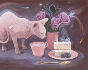 Afternoon Delight by Sybiline | Oil on canvas Still life with a cat, cake, and flowers