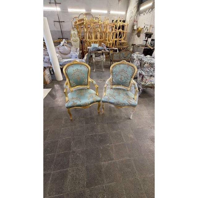 1960s 1960s French Louis XV Rococo Armchairs Blue Damask Upholstery Salon Accent Chairs For Sale - Image 5 of 6